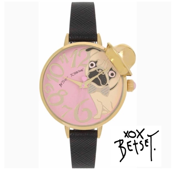 Betsey Johnson Pink Pug in a Hat Black Strap Watch - Picture 2 of 8